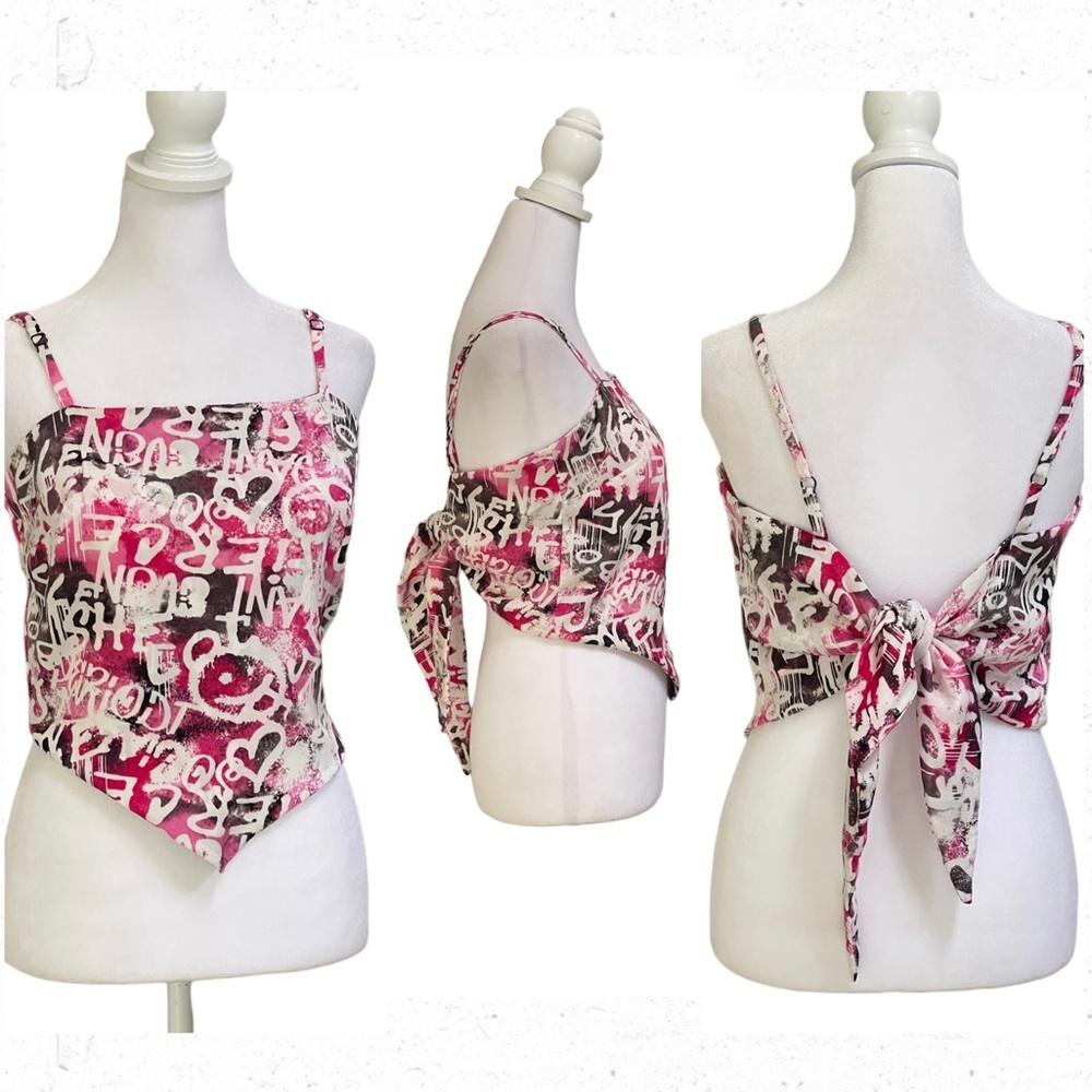 Wearever Pink Gray Graffiti Cami Top Sz M Tie Back Adjustable Spaghetti Straps